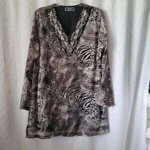 Zashi Blouse embellished beaded animal print Tunic Large Eclectic Bohemian Flash